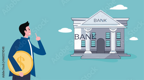 deposit money in a bank vector illustration, object financial investment, cash deposit to the bank, profit in crease concept, businessman bring golden coin into bank building concept illustration
