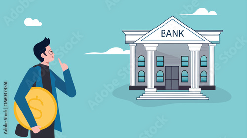 deposit money in a bank vector illustration, object financial investment, cash deposit to the bank, profit in crease concept, businessman bring golden coin into bank building concept illustration
