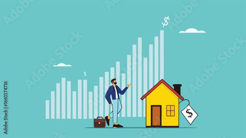 house investment, real estate price growth or mortgage calculation chart, buy or rent house decision, Housing price rising up, smart businessman property expertise presenting house pricing graph
