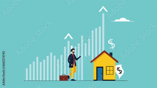 house investment, real estate price growth or mortgage calculation chart, buy or rent house decision, Housing price rising up, smart businessman property expertise presenting house pricing graph
