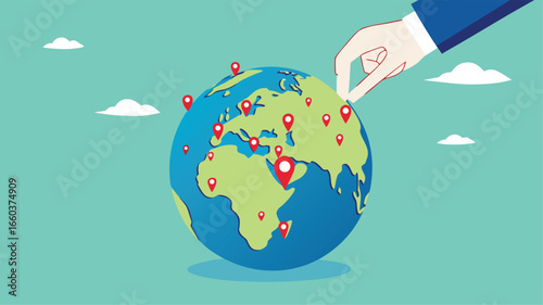 Businessman hand put new branch pin on world map across globe.Global business expansion, open company branches, franchise in new location to cover all continent. growing business worldwide concept
