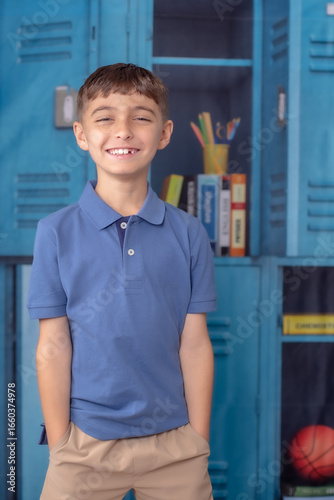 School picture of a little boy with a locker blue as a backdrop with books and pens and school supplies 
