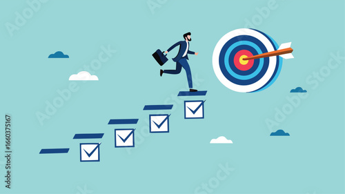 personal development goals for work, train specific skills or competencies to achieve career success, self improvement or career growth, Businessman walk up checklist as a ladder to reach target
