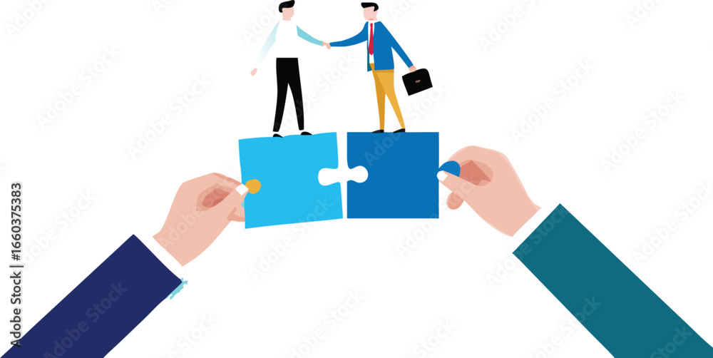 partnership or collaboration to success, teamwork to solve jigsaw puzzle, agreement with corporate, business people shaking hands to connect puzzles together concept vector illustration
partnership or collaboration to success, teamwork to solve jigsaw puzzle, agreement with corporate, business people shaking hands to connect puzzles together concept vector illustration