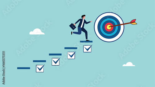 personal development goals for work, train specific skills or competencies to achieve career success, self improvement or career growth, Businessman walk up checklist as a ladder to reach target
