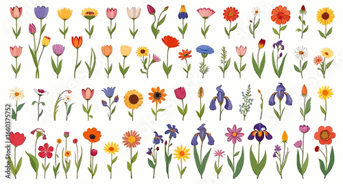 A seamless pattern of colorful spring tulips and other garden flowers with a vector illustration of a butterfly and green grass