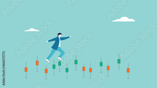 navigating stock market volatility, Financial investment volatility, identify stock market or cryptocurrency market risks, businessman investor walks carefully past investment bar chart
