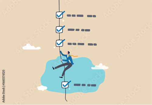 Finish checklist or todo list, tick checkmark or work completion, questionnaire or productivity checklist, survey form or success plan concept, businessman rope climbing on work check list completion