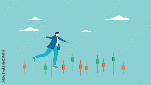 navigating stock market volatility, Financial investment volatility, identify stock market or cryptocurrency market risks, businessman investor walks carefully past investment bar chart
