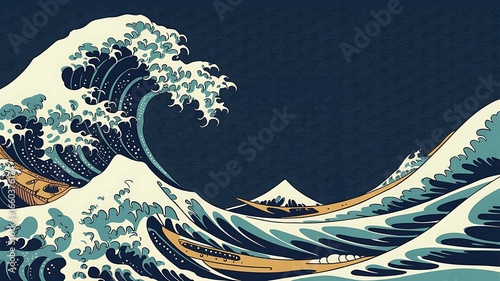 Fototapeta Naklejka Na Ścianę i Meble -  The Great Wave off Kanagawa inspired digital artwork with boats and mountain