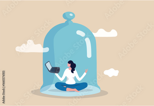 Introvert working space, privacy to work individual, employee work productively when working alone concept, introvert disconnected woman working alone with computer laptop covered inside glass dome. 