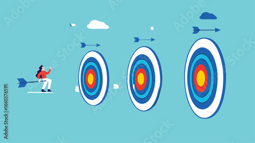 step to reach success or achievement, Short term, mid-term and long term goals, stages to achieve greater success, businessman riding dart arrow to short, medium and long term success target
