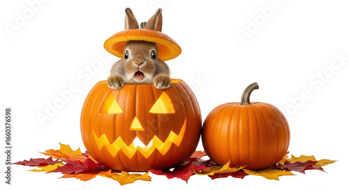 Cute bunny in a carved pumpkin isolated on transparent background