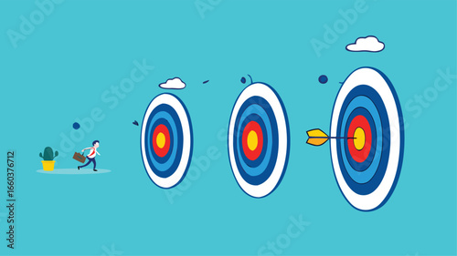 step to reach success or achievement, Short term, mid-term and long term goals, stages to achieve greater success, businessman riding dart arrow to short, medium and long term success target
