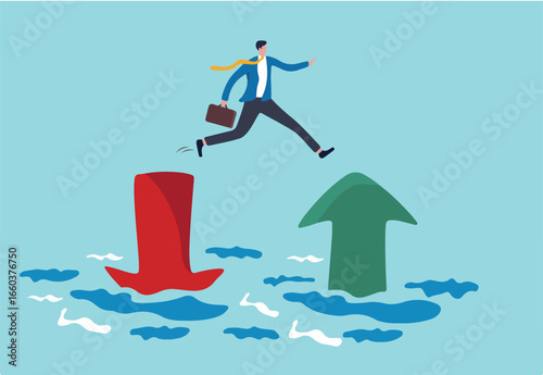 Financial plan, saving and investment or stock market rebound and economic recover concept, confidence businessman investor jump from red pointing down arrow to green rising up.