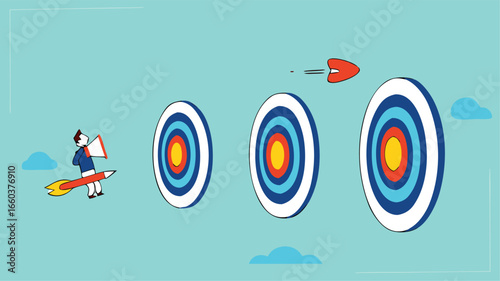 step to reach success or achievement, Short term, mid-term and long term goals, stages to achieve greater success, businessman riding dart arrow to short, medium and long term success target
