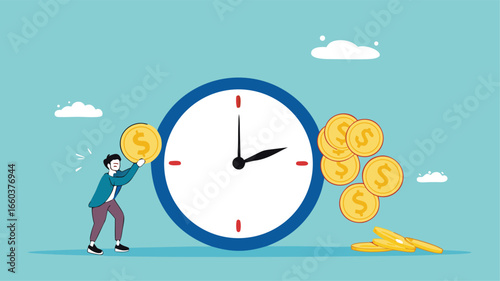 ROI, return on investment or long term investment success, increase in dividends or returns from the costs that have been invested, businessman invests money into big watch to get return profit

