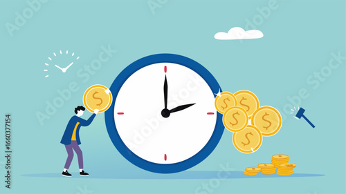 ROI, return on investment or long term investment success, increase in dividends or returns from the costs that have been invested, businessman invests money into big watch to get return profit
