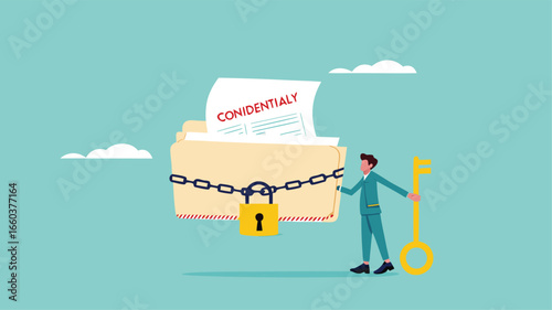 confidential document or important business document, secret security key for privacy protection, security for save important files or documents, businessman lock document folder with security padlock