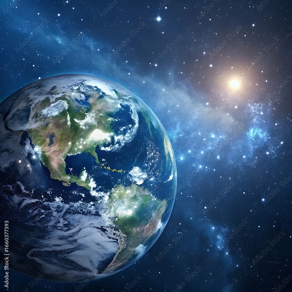 Obraz premium Earth from space with glowing lights and distant stars high resolution photo