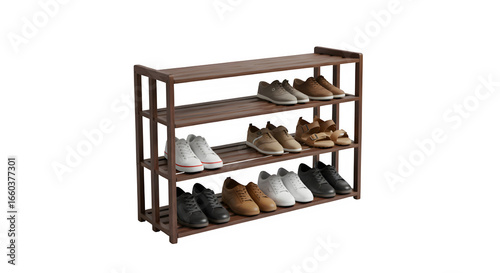 Shoe rack with shoes isolated on white background.