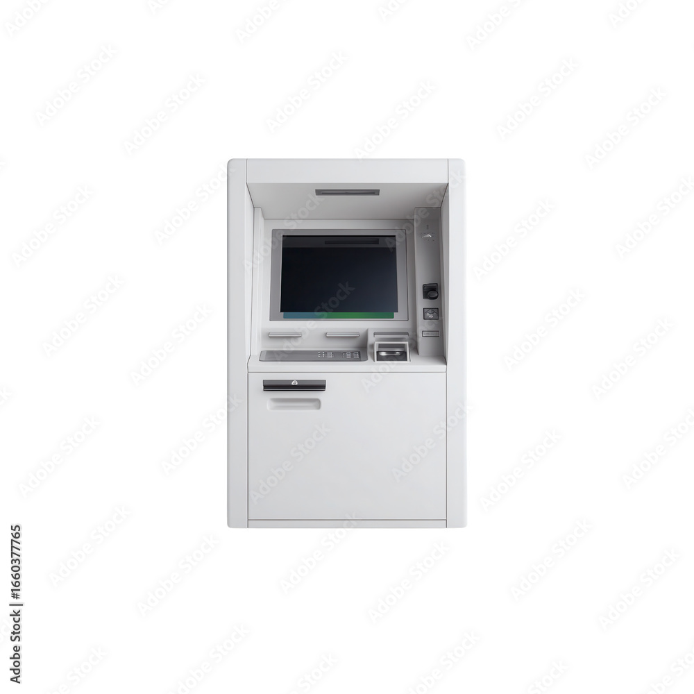 Modern White ATM Machine Isolated on Black Background Modern White ATM Machine Isolated on Black Background