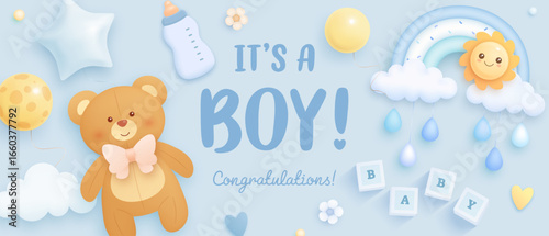 Baby shower horizontal banner with cartoon teddy bear, rainbow, sun, helium balloons and clouds on blue background. It's a boy. Vector illustration
