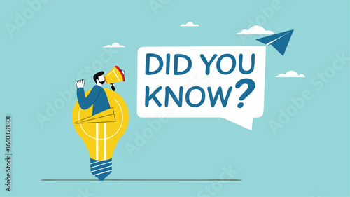 did you know? concept illustration, expert information, explanation or solution, businessman riding a light bulb idea balloon and using a megaphone with a speech bubble that says did you know?
