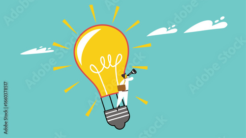 looking for business opportunities with knowledge, creative idea to see business opportunity, businesswoman riding a light bulb-shaped hot air balloon to observe business opportunities
