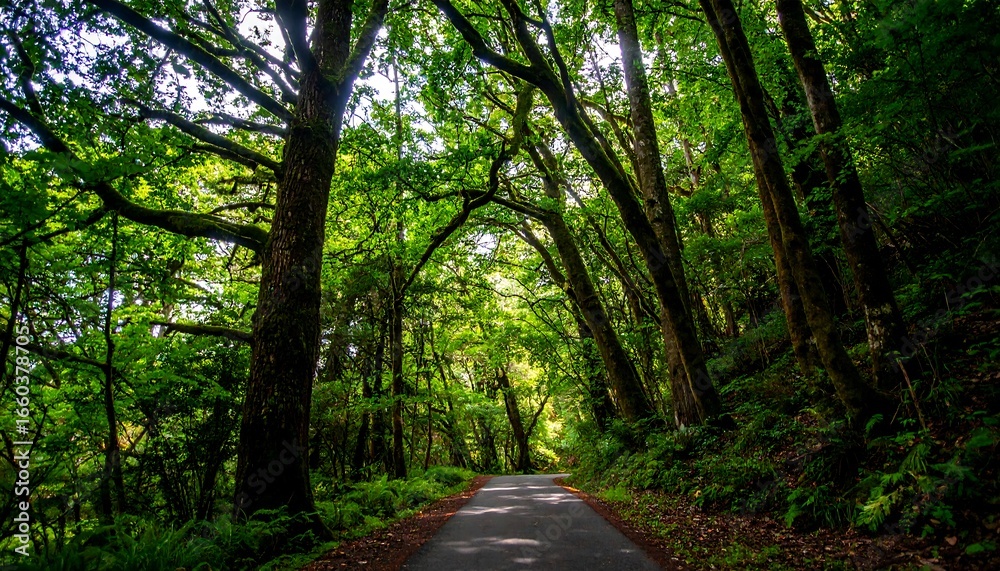 Obraz premium A sun-drenched forest path winds through lush greenery, casting dappled light on the asphalt road.