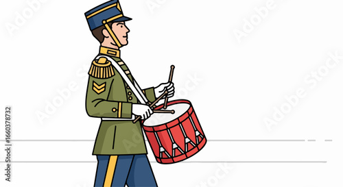 A marching band drummer in a green military-style uniform with a shako hat, playing a red snare drum.