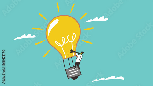 looking for business opportunities with knowledge, creative idea to see business opportunity, businesswoman riding a light bulb-shaped hot air balloon to observe business opportunities
