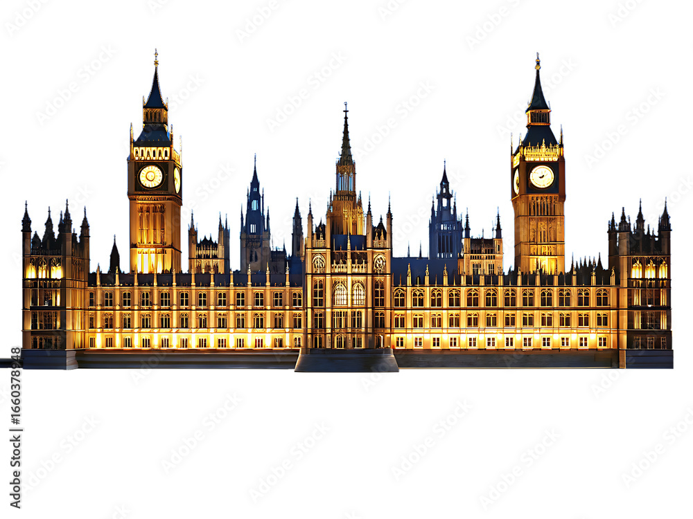 Fototapeta premium Illuminated Palace of Westminster with Big Ben at Night on png Black Background parliament london