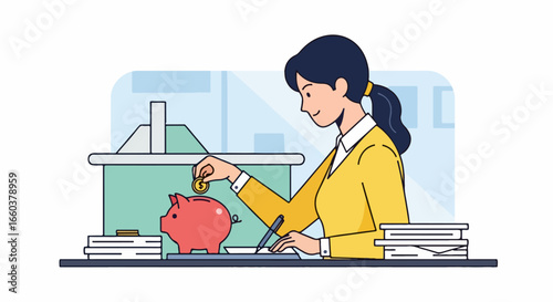 Woman saving money in a piggy bank at a desk.