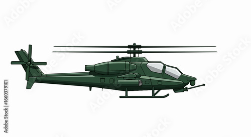 Green Military Attack Helicopter with Rotor Blades.