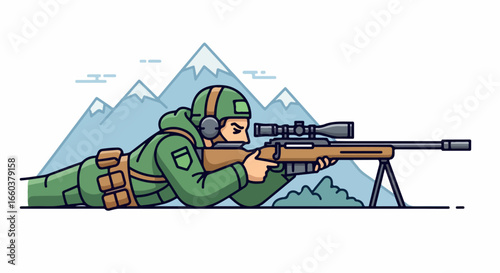 Cartoon illustration of a military sniper in a prone position aiming a scoped rifle.