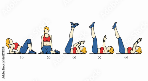 Illustrated sequence of a woman performing abdominal crunches and leg raises for fitness.