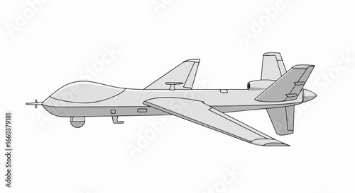 Line art illustration of a military combat drone, an unmanned aerial vehicle UAV shown in a side view.