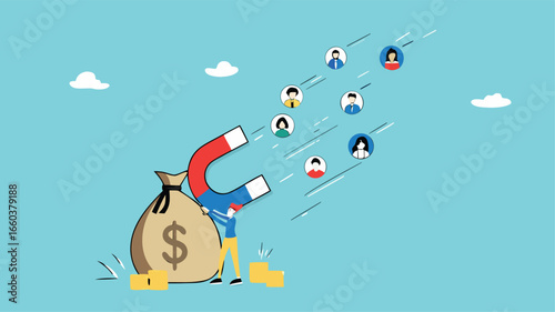 Customer acquisition cost or CAC, marketing expense on customer retention, advertising cost for lead generation, businessman uses magnets with dollar costs to attract customers
