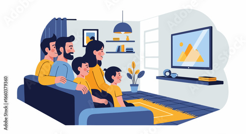 Happy family watching television together in living room.