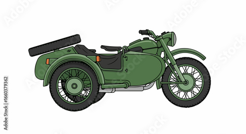 Green Vintage Motorcycle with Sidecar Illustration on White Background.