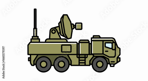 Military Radar Truck - Mobile Surveillance System with Antenna and Communication Tower.