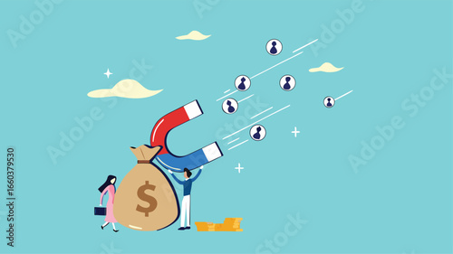 Customer acquisition cost or CAC, marketing expense on customer retention, advertising cost for lead generation, businessman uses magnets with dollar costs to attract customers
