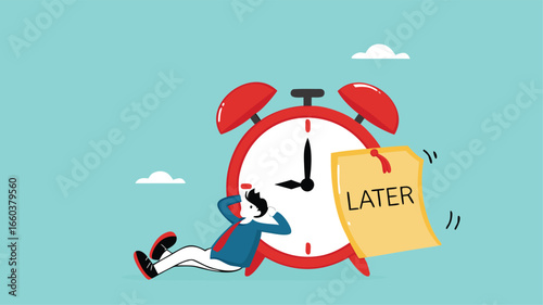 Procrastination or wasting work time with businessman sleeping leaning on an alarm clock with the word later written on paper sticky notes, delaying work or wasting time, laziness to do a task or job
