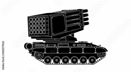 Silhouette of a multi-barreled rocket launcher system mounted on a tracked vehicle.