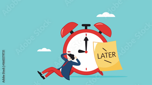 Procrastination or wasting work time with businessman sleeping leaning on an alarm clock with the word later written on paper sticky notes, delaying work or wasting time, laziness to do a task or job
