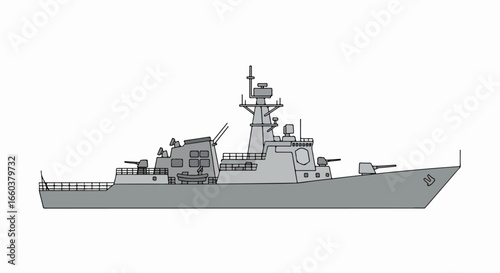 Modern naval warship side profile illustration, a gray guided-missile destroyer.