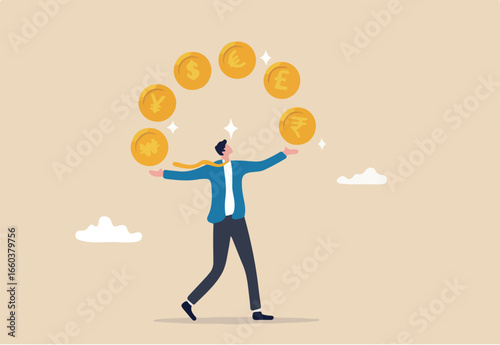 Currency exchange, international money transfer or foreign exchange, forex trading, global financial economy or currency convert concept, rich businessman juggling various international money coins