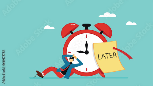 Procrastination or wasting work time with businessman sleeping leaning on an alarm clock with the word later written on paper sticky notes, delaying work or wasting time, laziness to do a task or job
