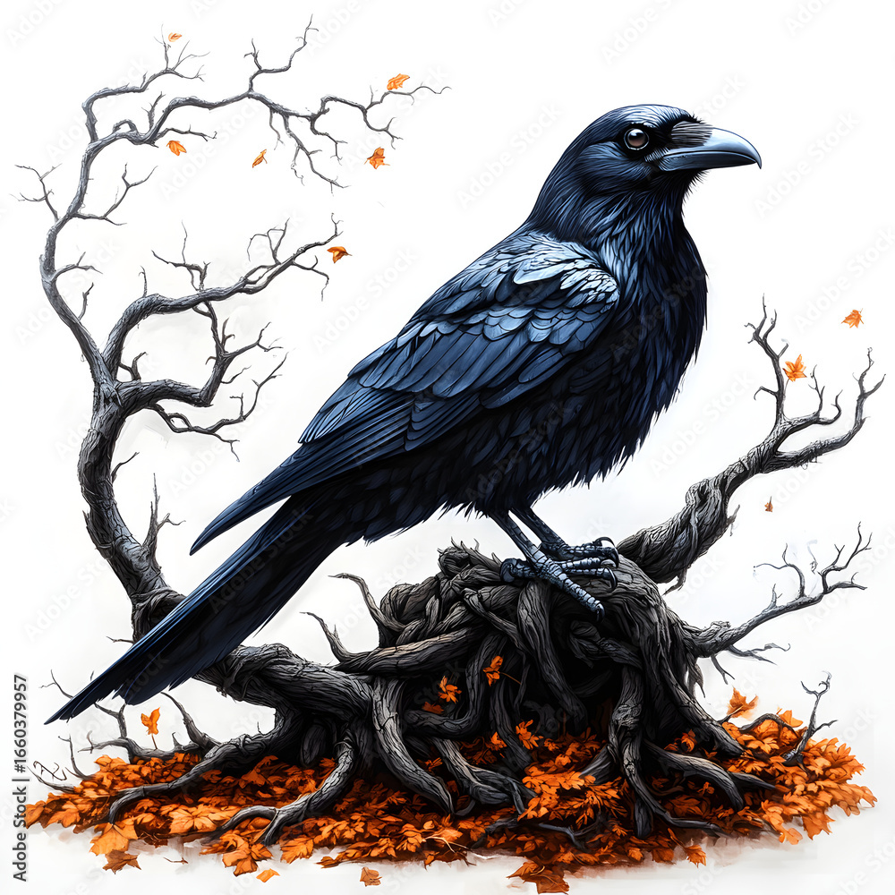 Fototapeta premium A large black raven perches on a gnarled tree root covered in autumn leaves. Bare tree branches frame the bird against a white backdrop.